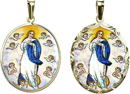 Assumption of Mary with angels gold and painted enamel medal